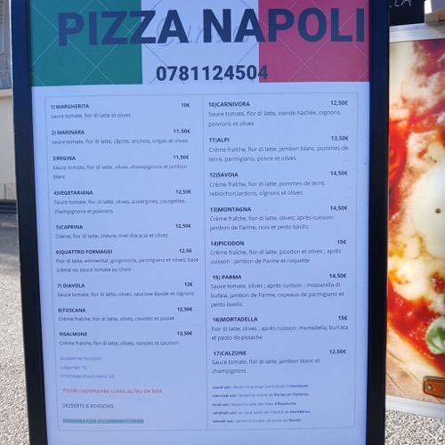 La carte des pizzas Pizza Napoli photographiée.